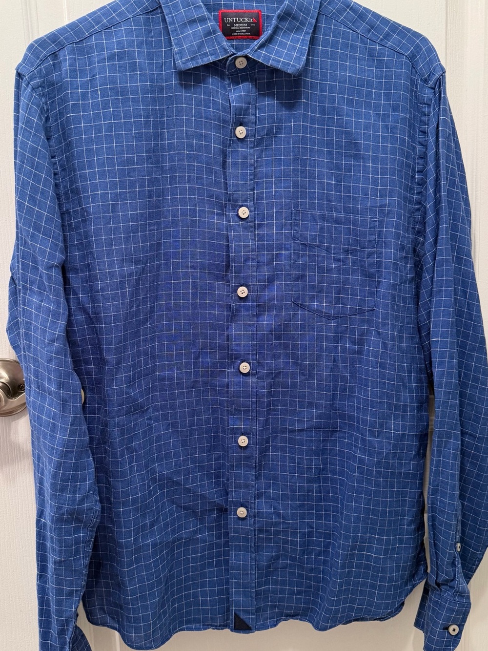 UNTUCKit 100% Linen Blue Windowpane Button-Up Shirt Men’s Medium Wrinkle Free - Picture 3 of 10